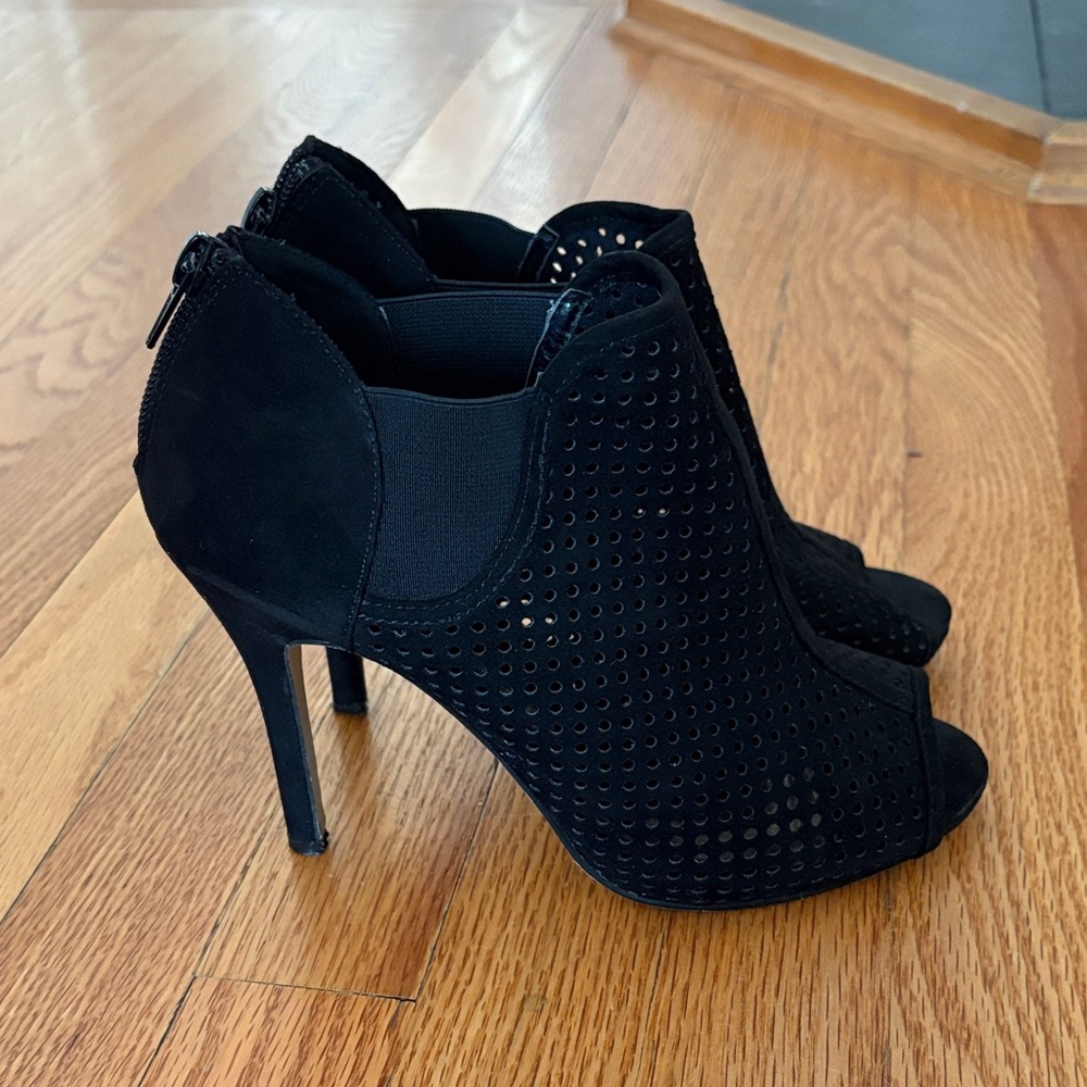 Madden Girl Ranked Black Suede Peep-Toe High Heel Booties